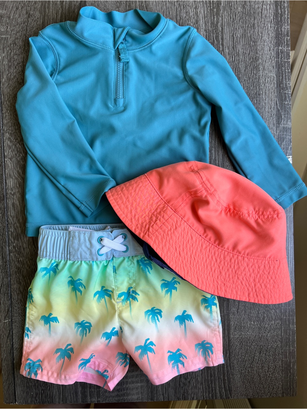 Carter’s & Cat & Jack 12M Tropical Swim Set Hat Rash Guard & Trunks